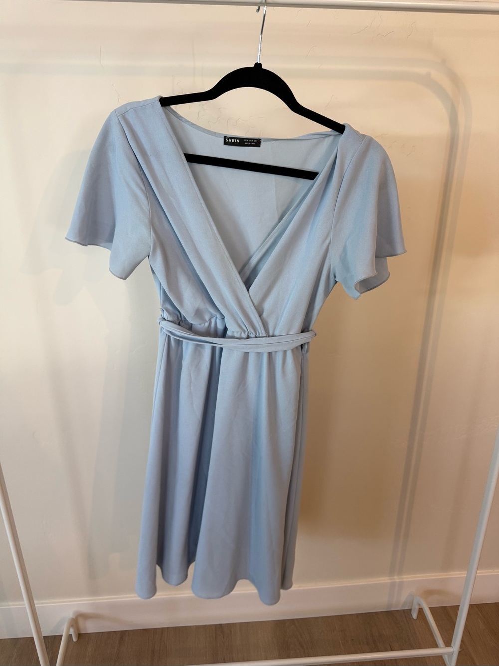 SHEIN Pale Blue Wrap Mini Dress with Tie Waist